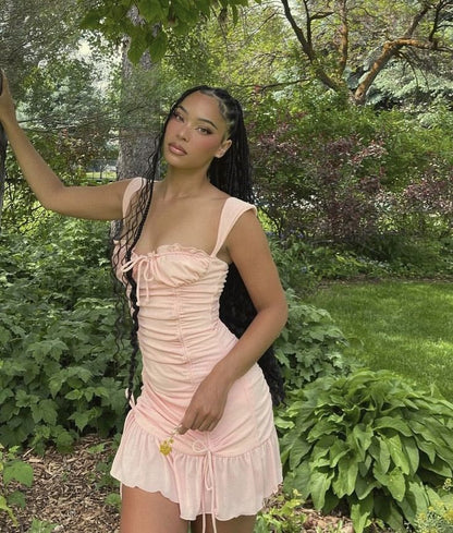 Cute Pink Shoulder Strap Pleated Drawstring Birthday Short Skirt Homecoming Dress