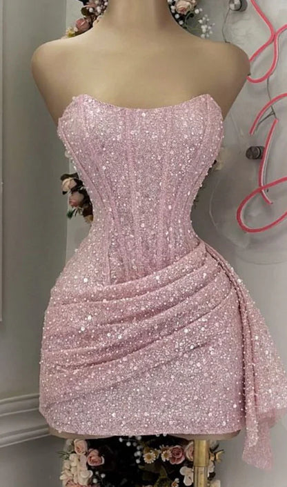 Cute Pink Sleeveless Sequined Slim Fit Hip 17th Birthday Homecoming Dress