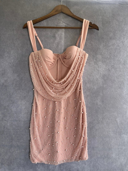 Cute Pink Suspender Hollow Beaded Hip-hugging 17th Birthday Homecoming Dress