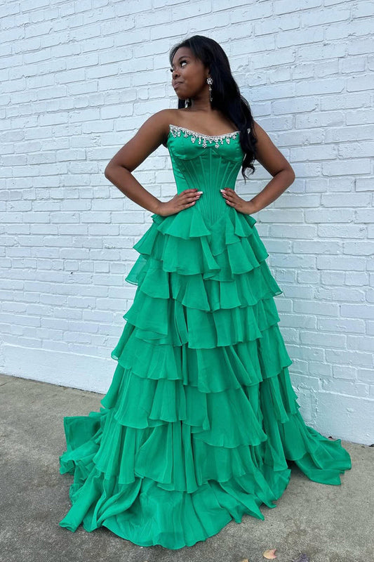 Cute Scoop Neck Green Chiffon Tiered Prom Dress with Beading