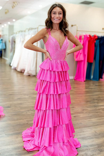Cute Sparkly A Line V Neck Pink Tiered Long Prom Dress with Hot Stone
