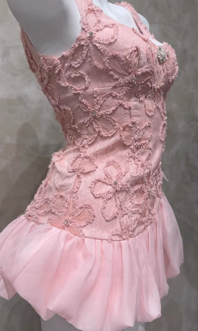 Cute Strap Homecoming Dresses Ball Gown Pink Short Prom Dresses Applique Pink Birthday Dresses