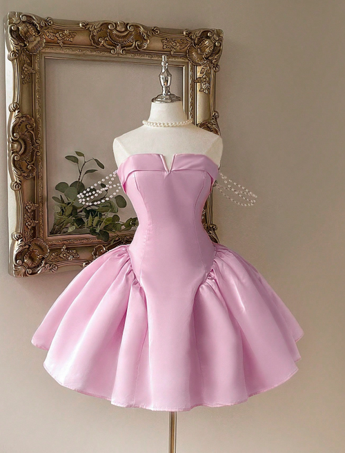 Cute Strapless A-Line Homecoming Dresses Satin Short Prom Dresses Pink Birthday Dresses