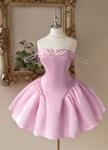 Cute Strapless A-Line Homecoming Dresses Satin Short Prom Dresses Pink Birthday Dresses