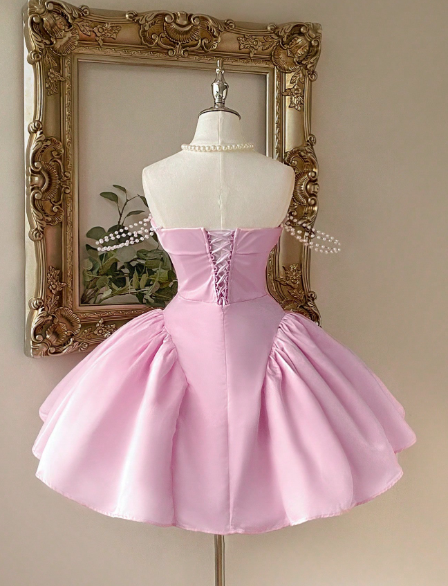 Cute Strapless A-Line Homecoming Dresses Satin Short Prom Dresses Pink Birthday Dresses