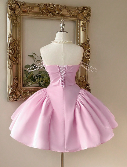 Cute Strapless A-Line Homecoming Dresses Satin Short Prom Dresses Pink Birthday Dresses