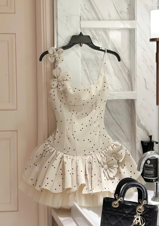 Cute Straps Ball Gown Short Prom Dresses, Polka Dot Homecoming Dresses