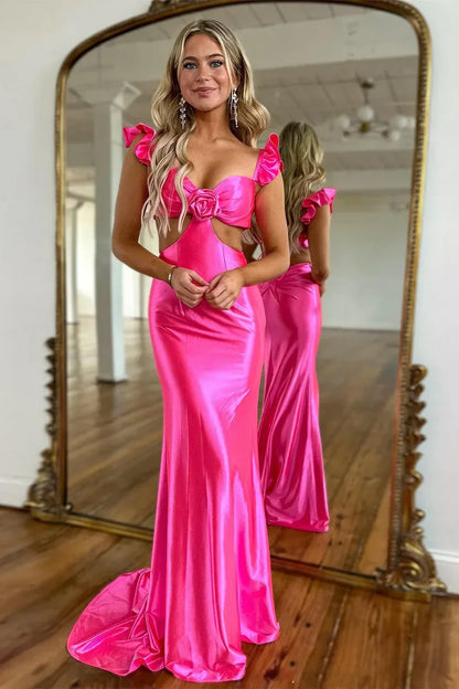 Cute Stylish Mermaid Satin Prom Dress with Waist Hollow Design Long Silhouette and Floral Accent