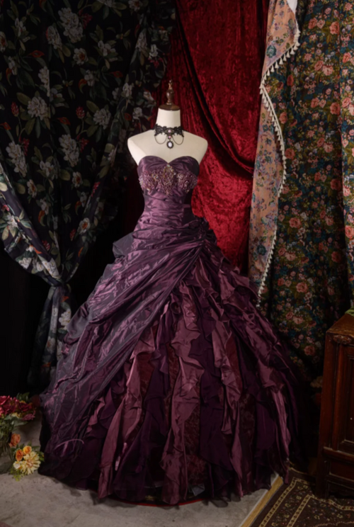Cute Sweetheart A-Line Long Prom Dresses Satin Grape Quinceanera Dresses Sleeveless Sweet 16 Dress