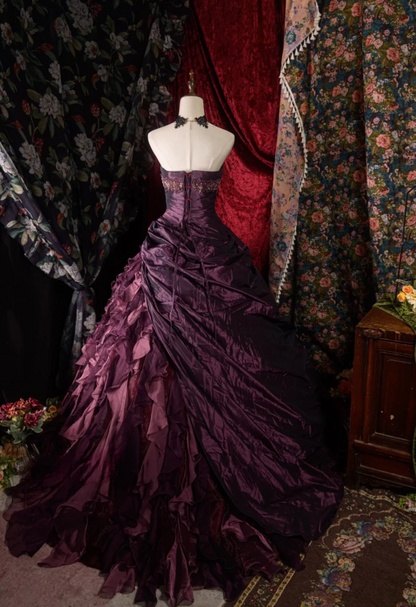 Cute Sweetheart A-Line Long Prom Dresses Satin Grape Quinceanera Dresses Sleeveless Sweet 16 Dress