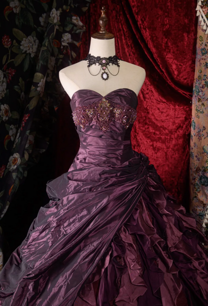 Cute Sweetheart A-Line Long Prom Dresses Satin Grape Quinceanera Dresses Sleeveless Sweet 16 Dress