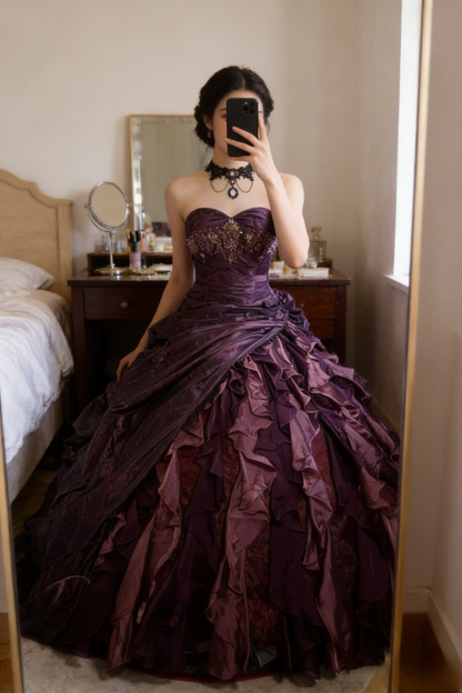 Cute Sweetheart A-Line Long Prom Dresses Satin Grape Quinceanera Dresses Sleeveless Sweet 16 Dress