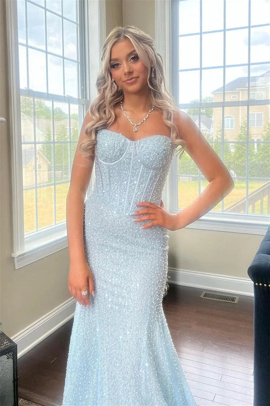 Cute Sweetheart Light Blue Sequins Mermaid Long Prom Dress