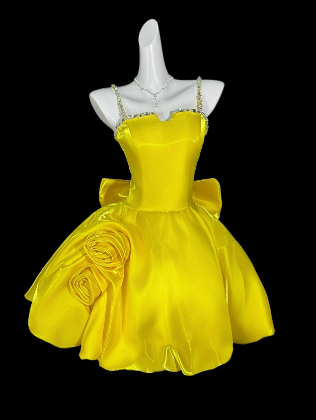 Cute Yellow Birthday Dress Spaghetti Straps A-Line Prom Dress Short Satin Party Dress