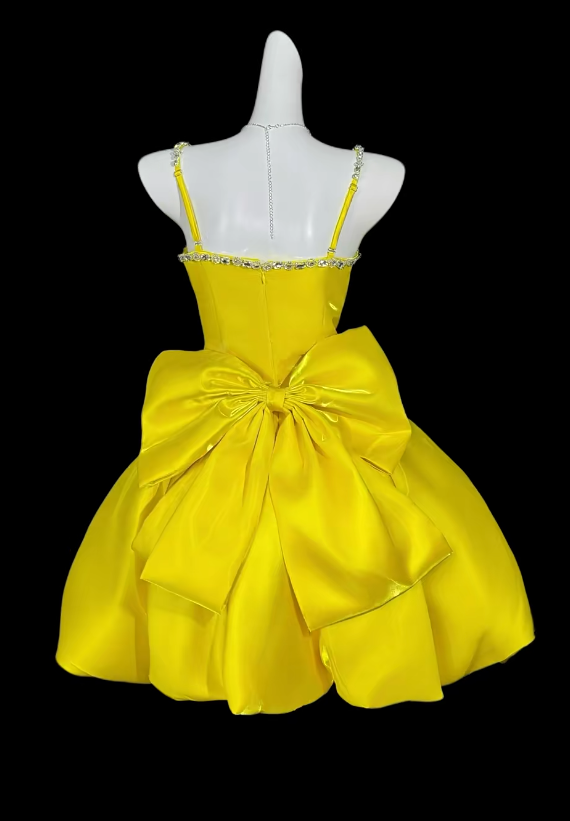 Cute Yellow Birthday Dress Spaghetti Straps A-Line Prom Dress Short Satin Party Dress
