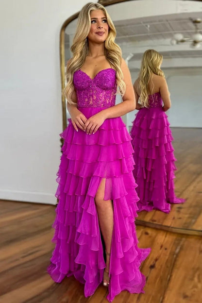 Cute Yellow Sweetheart Prom Dress with A Line Silhouette Tiered Chiffon and Slit