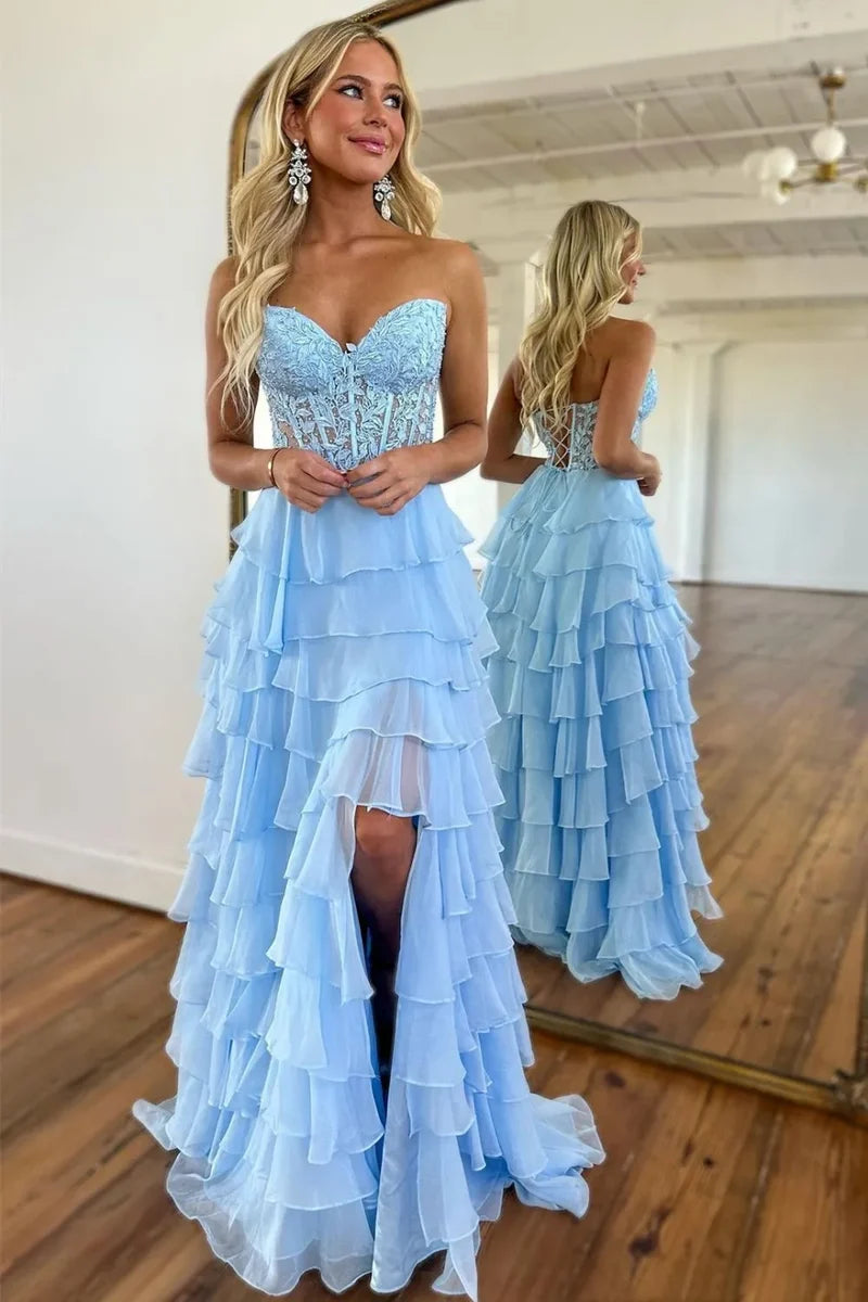 Cute Yellow Sweetheart Prom Dress with A Line Silhouette Tiered Chiffon and Slit