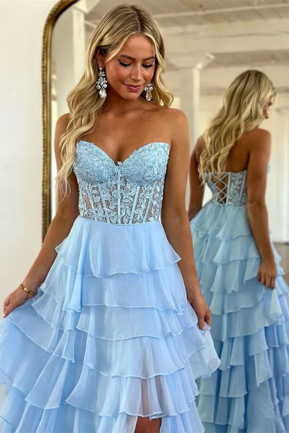 Cute Yellow Sweetheart Prom Dress with A Line Silhouette Tiered Chiffon and Slit