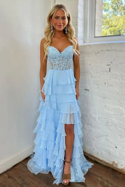 Cute Yellow Sweetheart Prom Dress with A Line Silhouette Tiered Chiffon and Slit