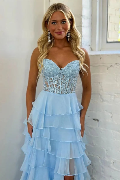Cute Yellow Sweetheart Prom Dress with A Line Silhouette Tiered Chiffon and Slit