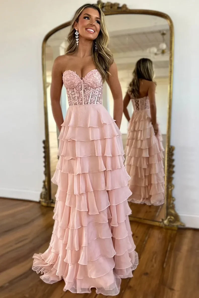 Cute Yellow Sweetheart Prom Dress with A Line Silhouette Tiered Chiffon and Slit