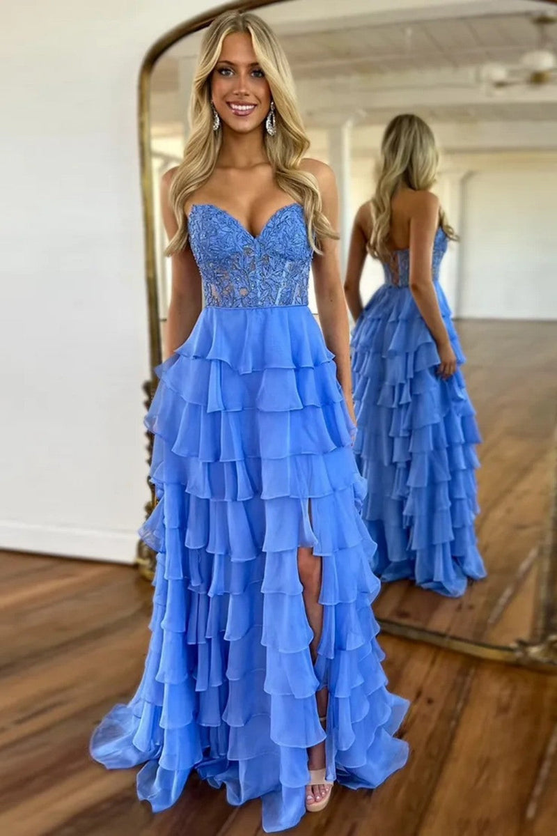 Cute Yellow Sweetheart Prom Dress with A Line Silhouette Tiered Chiffon and Slit