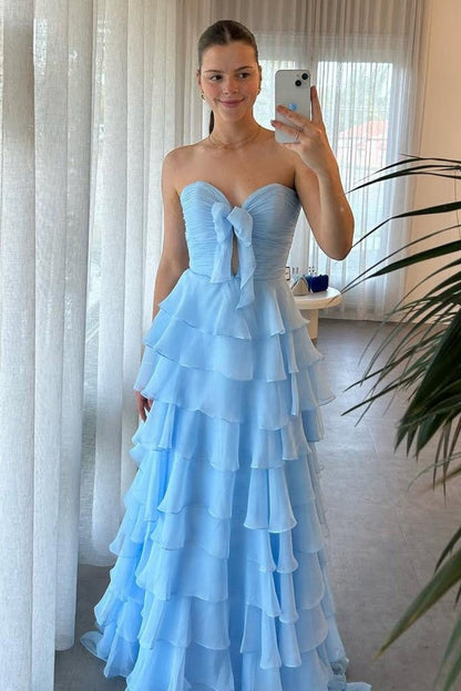 Cute Yellow Sweetheart Zipper Back A-Line Tiered Chiffon Prom Dress with Let Slit