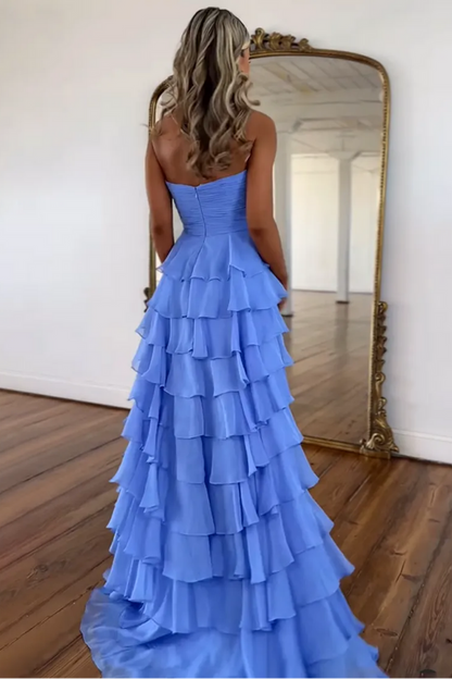 Cute Yellow Sweetheart Zipper Back A-Line Tiered Chiffon Prom Dress with Let Slit