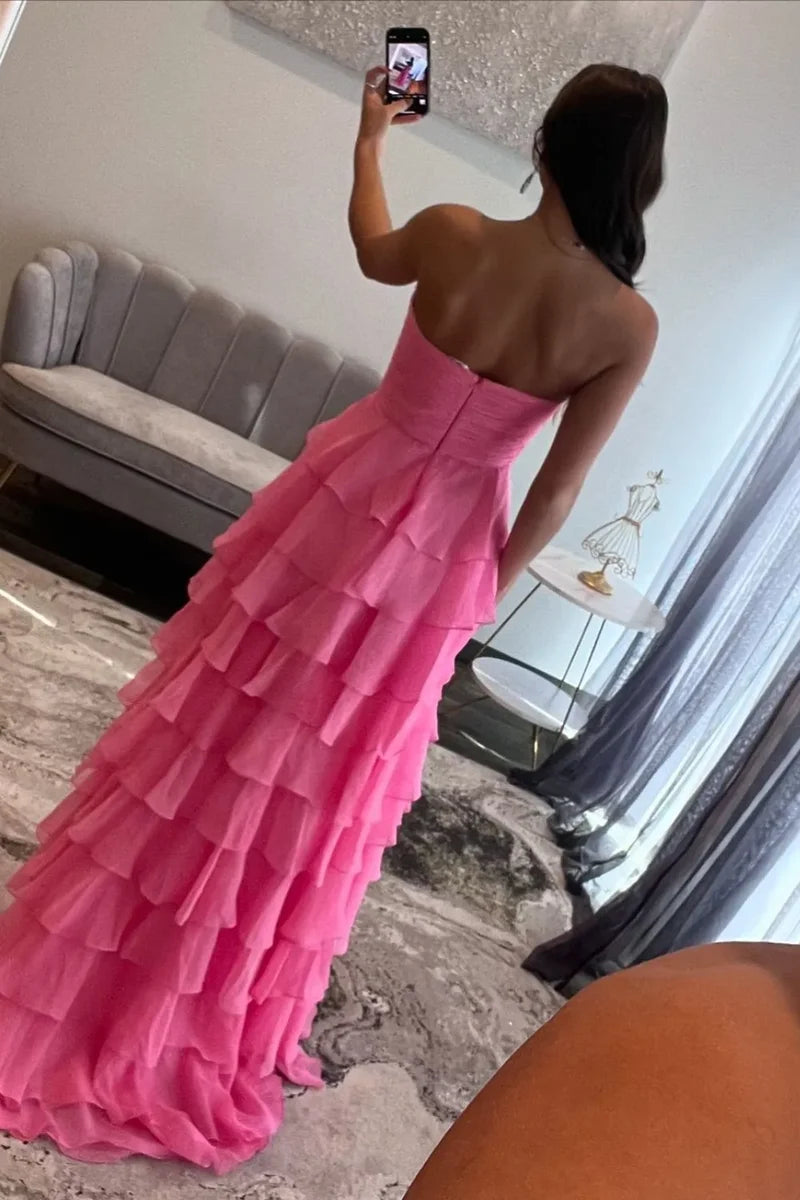 Cute Yellow Sweetheart Zipper Back A-Line Tiered Chiffon Prom Dress with Let Slit