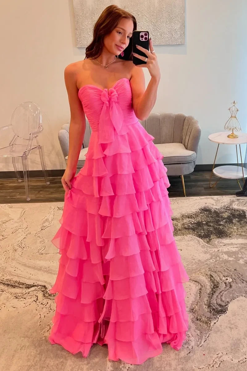 Cute Yellow Sweetheart Zipper Back A-Line Tiered Chiffon Prom Dress with Let Slit