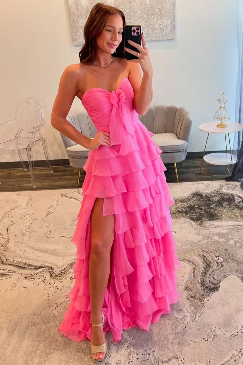 Cute Yellow Sweetheart Zipper Back A-Line Tiered Chiffon Prom Dress with Let Slit