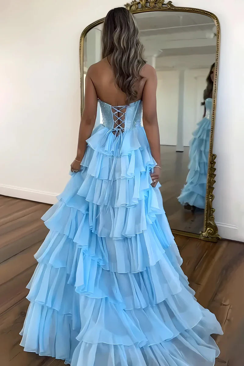 Dark Blue Strapless A Line Prom Dress with Sparkly Layered Chiffon and Side Slit