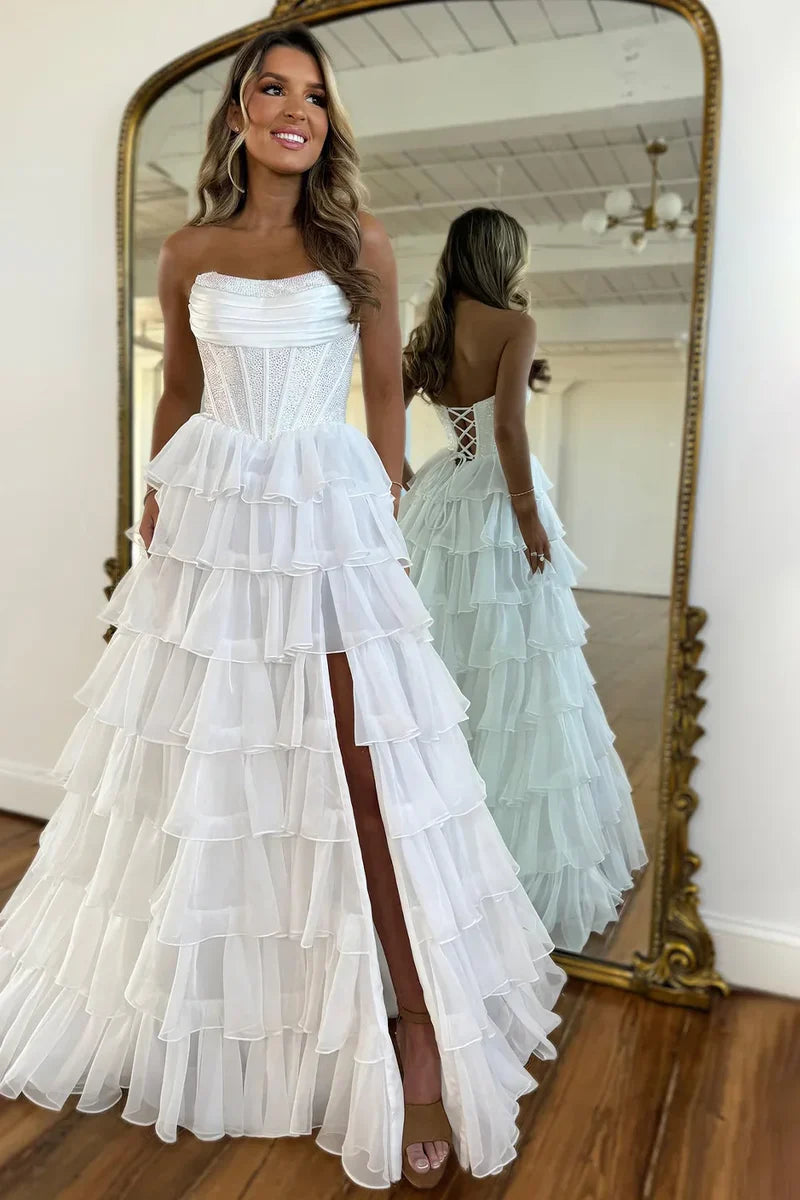 Dark Blue Strapless A Line Prom Dress with Sparkly Layered Chiffon and Side Slit