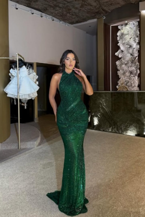 Dark Green Halter Sleeveless Mermaid Prom Dress with Sequins