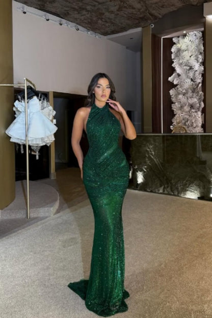 Dark Green Halter Sleeveless Mermaid Prom Dress with Sequins