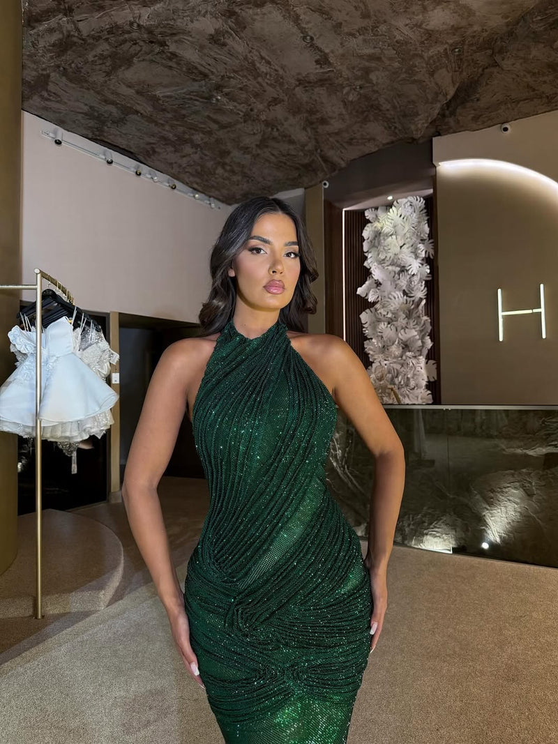 Dark Green Halter Sleeveless Mermaid Prom Dress with Sequins