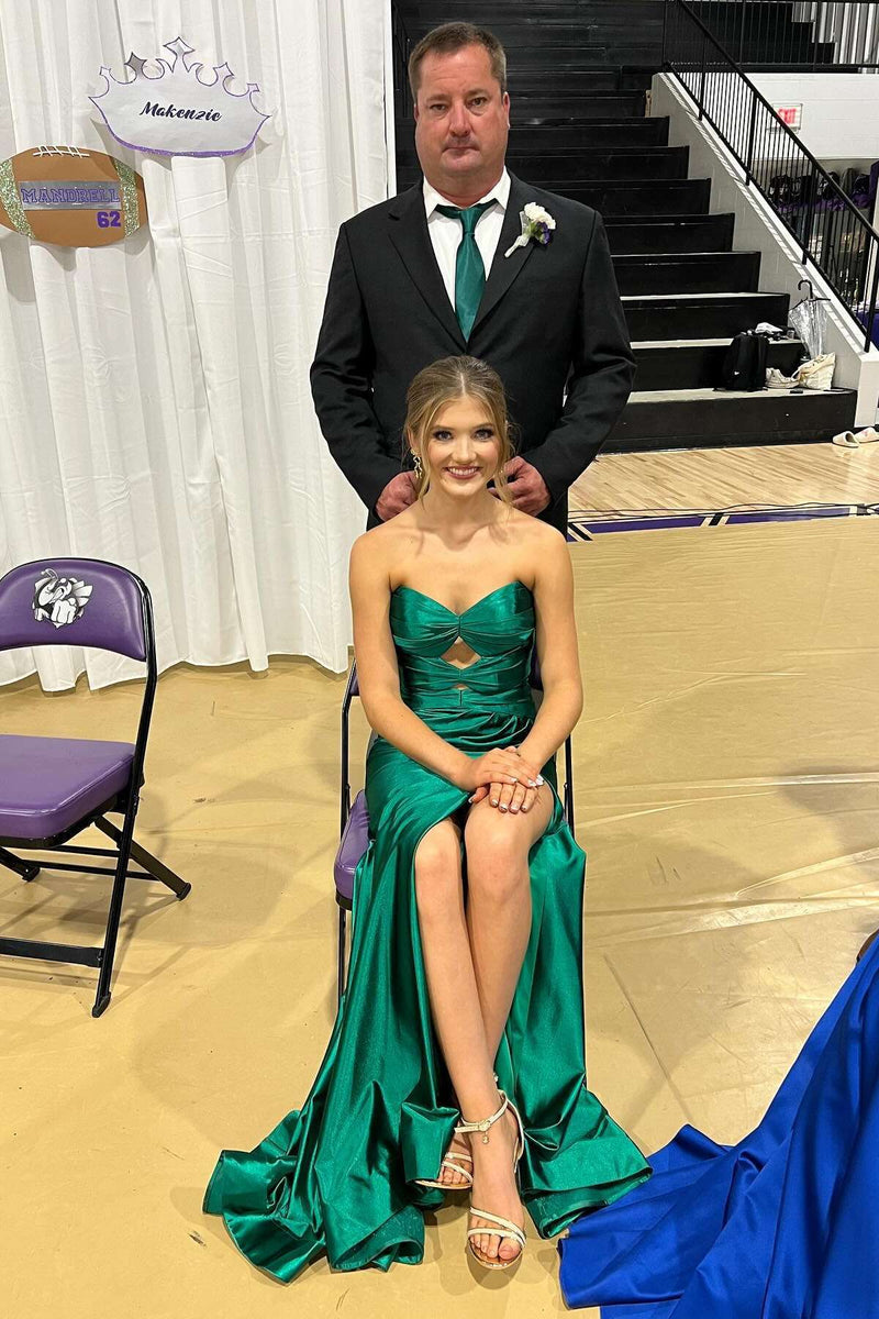 Dark Green Keyhole Satin Fitted Long Prom Dress