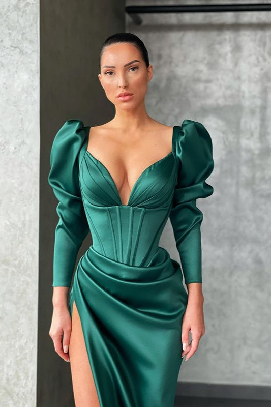 Dark Green Long Sleeve V-Neck Prom Dress Mermaid with Slit