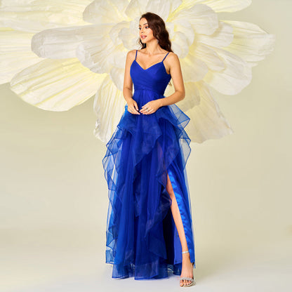 Dazzling Bluetti Strap Tiered Sleeveless Prom Dress