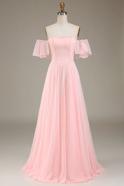Dazzling Blush Pink Off-the-shoulder Comfortable Flowy Prom Dress