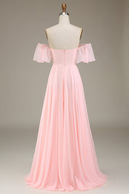 Dazzling Blush Pink Off-the-shoulder Comfortable Flowy Prom Dress