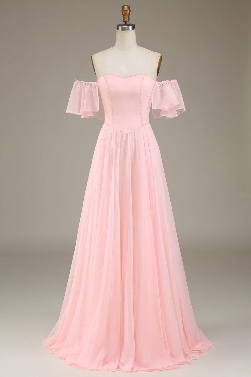 Dazzling Blush Pink Off-the-shoulder Comfortable Flowy Prom Dress