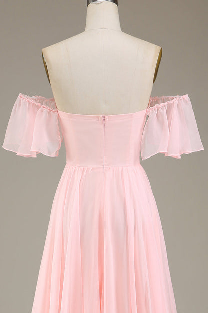 Dazzling Blush Pink Off-the-shoulder Comfortable Flowy Prom Dress