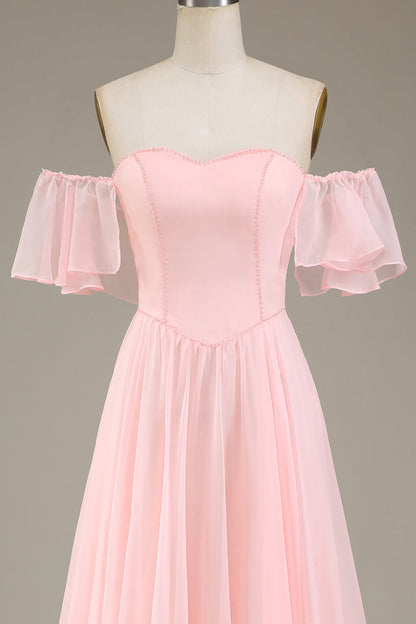 Dazzling Blush Pink Off-the-shoulder Comfortable Flowy Prom Dress