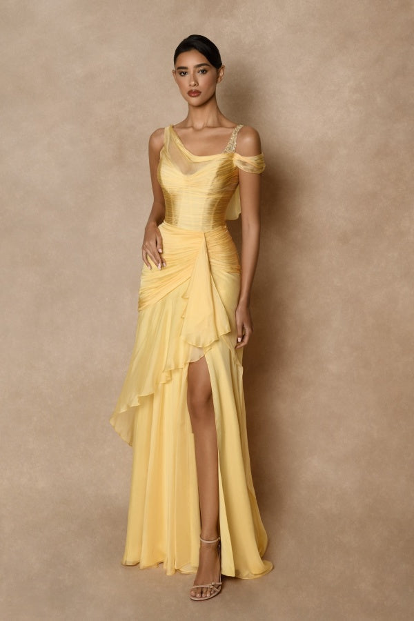 Dazzling Gold Straps Prom Dress Sleeveless Pleatedes with