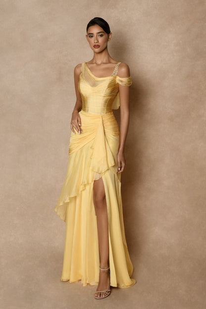 Dazzling Gold Straps Prom Dress Sleeveless Pleatedes with