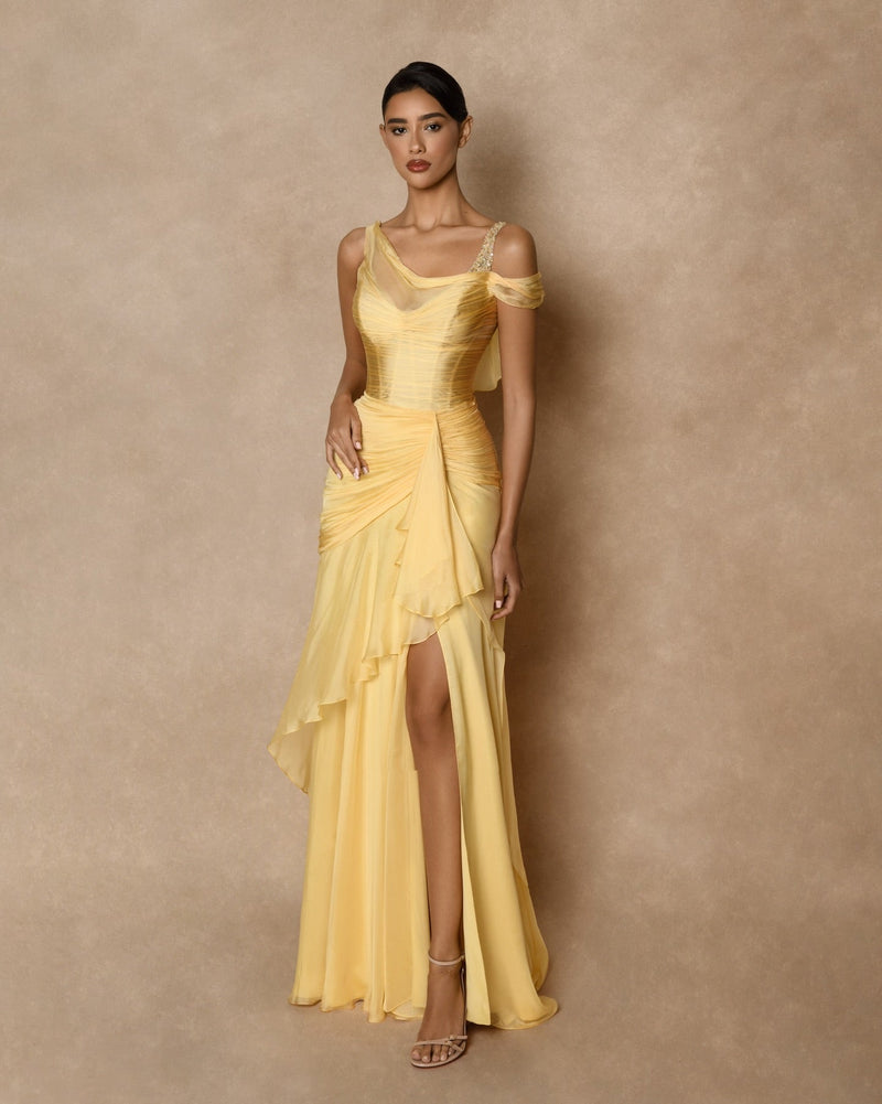 Dazzling Gold Straps Prom Dress Sleeveless Pleatedes with