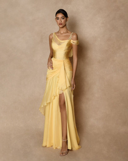 Dazzling Gold Straps Prom Dress Sleeveless Pleatedes with