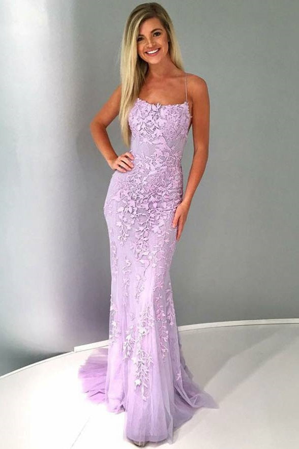 Dazzling Purpletti Strap Applique Backless Mermaid Prom Dress