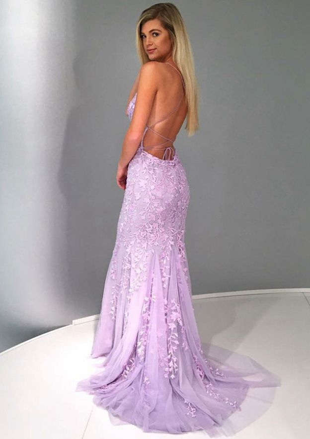 Dazzling Purpletti Strap Applique Backless Mermaid Prom Dress